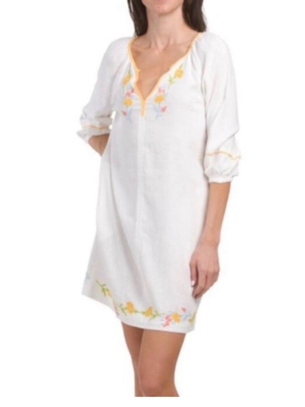 Calypso St. Barth White Embroidered Mini Dress with Yellow Trim